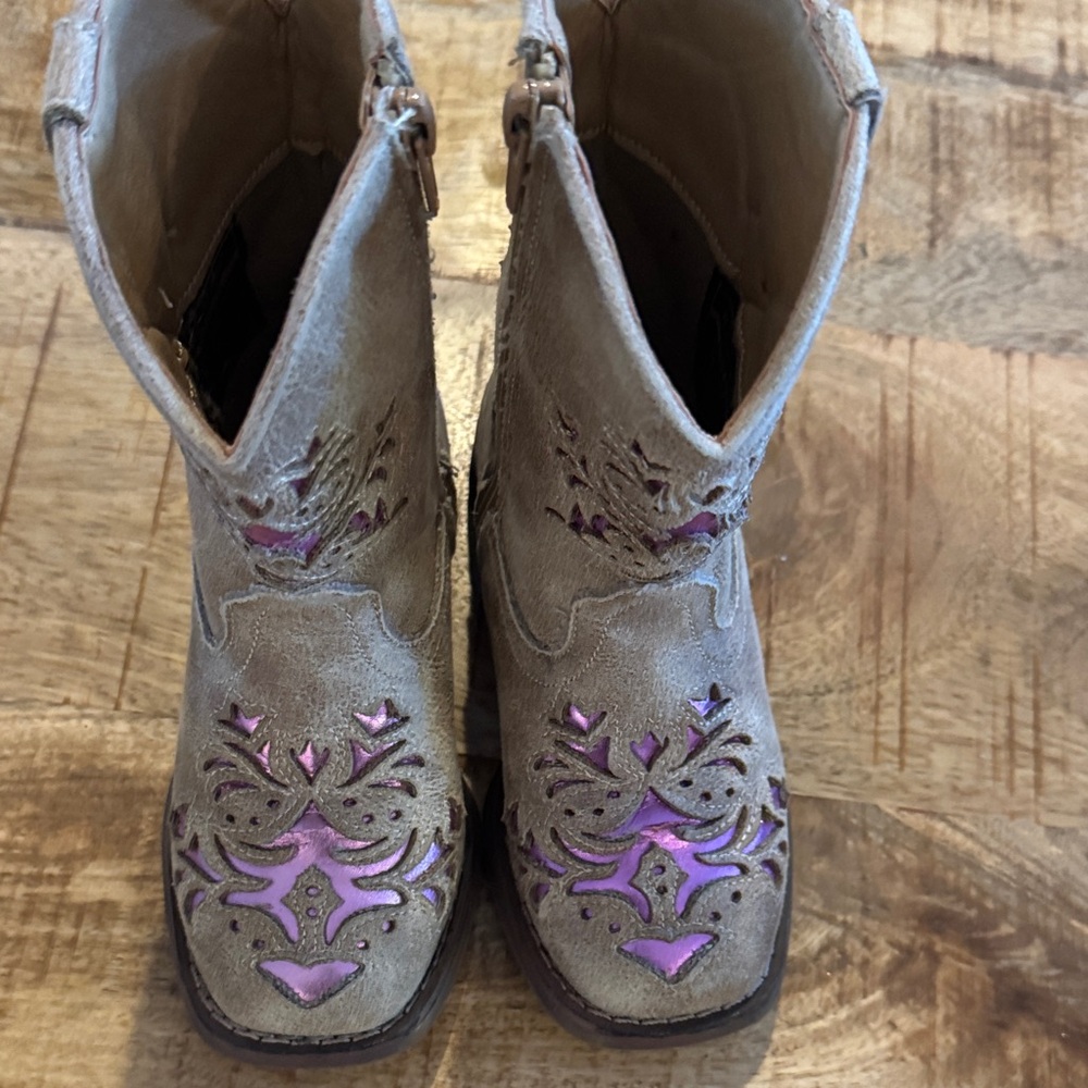 Roper Lola Kids Square Toe Cowboy Boots - Tan and Purple Metallic - Picture 3 of 5